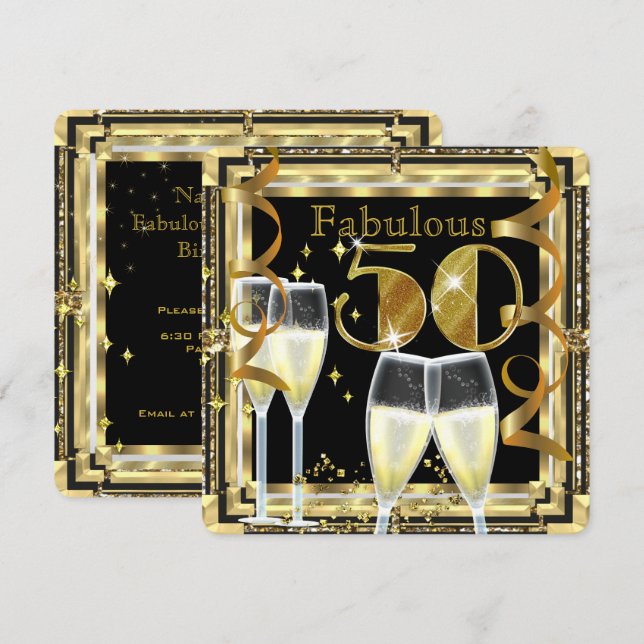 Invitation Fabulous 50 Champagne Déco Or Fête d'anniversaire (Devant / Derrière)