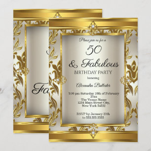 Invitation Fabulous 50 Crème Or Damassé Fête d'anniversaire
