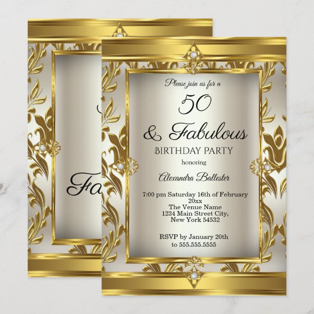 Invitation Fabulous 50 Crème Or Damassé Fête d'anniversaire (Devant / Derrière)