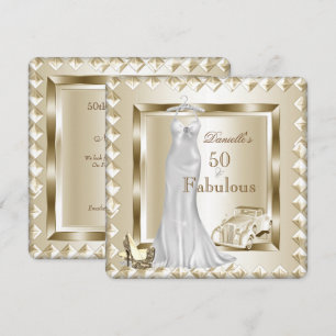 Invitation Fabulous 50 Crème Or Deco Vintage Robe Talon de Vo