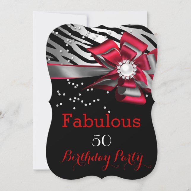 Invitation Fabulous 50 Fête Red Zebra Noir Perle Argent (Devant)