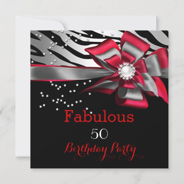 Invitation Fabulous 50 Fête Zèbre Rouge Perle Noir Argent (Devant)