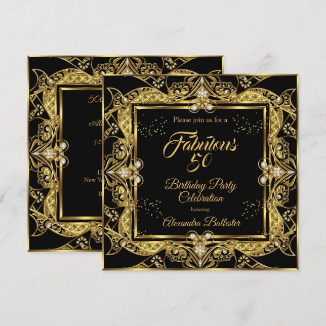 Invitation Fabulous 50 Joyau Noir Anniversaire Fête (Devant / Derrière)