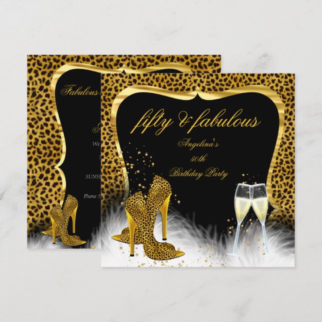 Invitation Fabulous 50 Party Champagne Doré Léopard (Devant / Derrière)