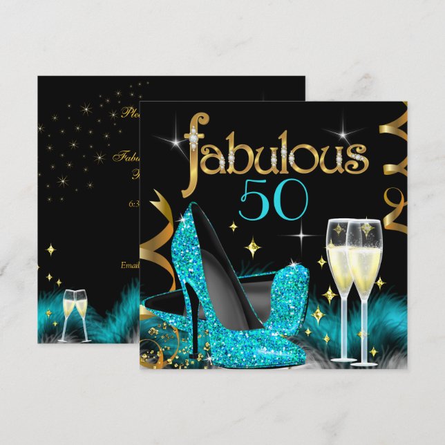 Invitation Fabulous 50 Party Talons Teints en Sarcelle Or Noi (Devant / Derrière)