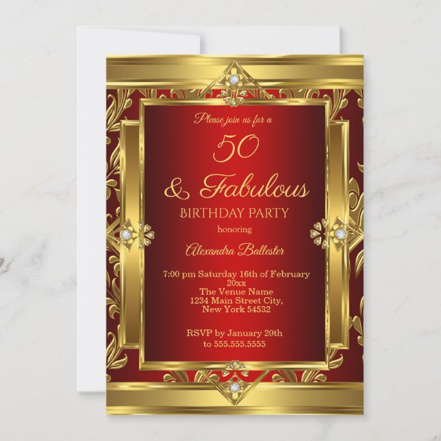 Invitation Fabulous 50 Rouge Or Damassé Fête d'Anniversaire (Devant)