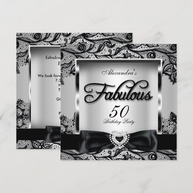 Invitation Fabulous 50 Soirée Gris Argent Damassé Noir Broder (Devant / Derrière)