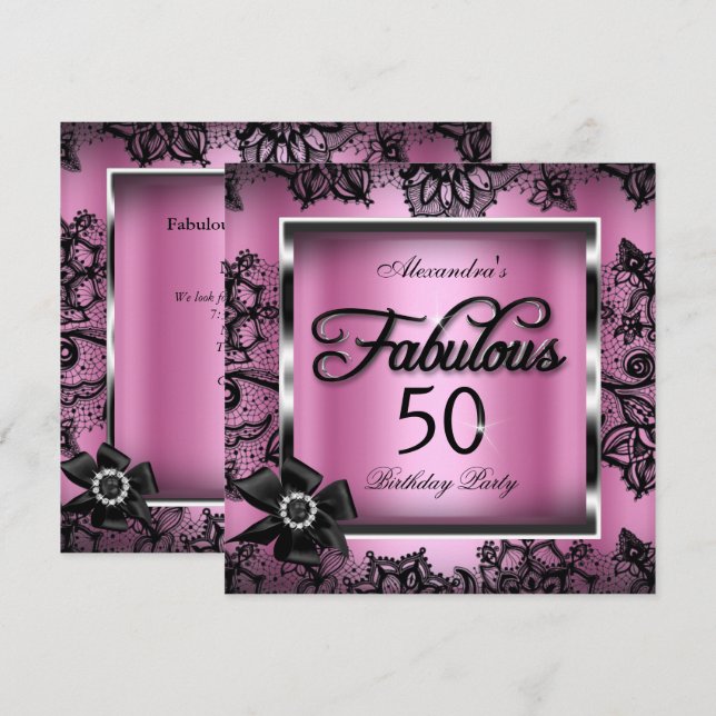 Invitation Fabulous 50 Soirée Rose Damas Noir Dentelle Perle (Devant / Derrière)