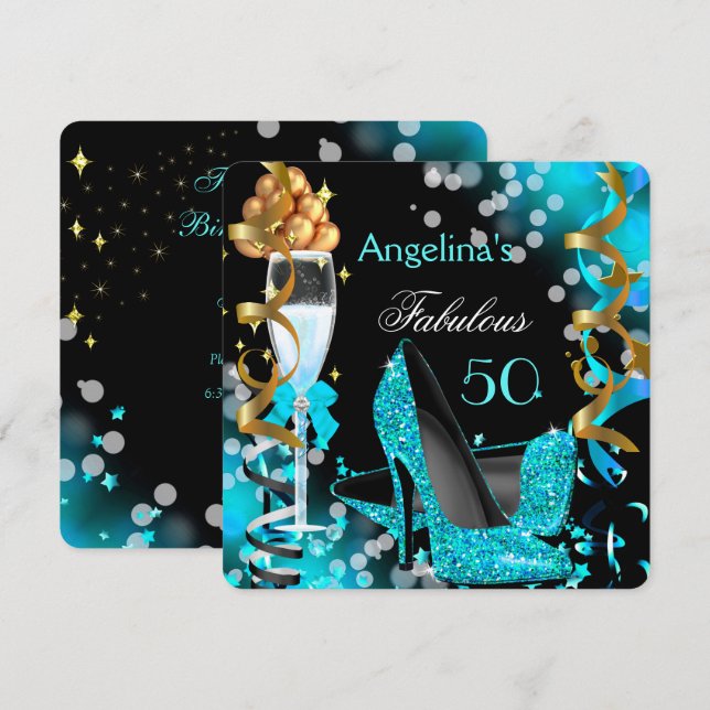 Invitation Fabulous 50 Talons Bleus Sarcelle Bulles Dorées Fê (Devant / Derrière)