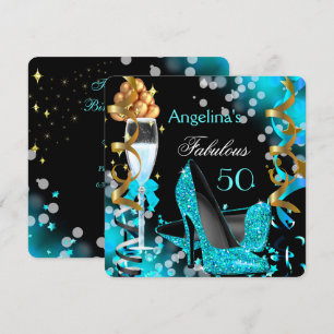 Invitation Fabulous 50 Talons Bleus Sarcelle Bulles Dorées Fê