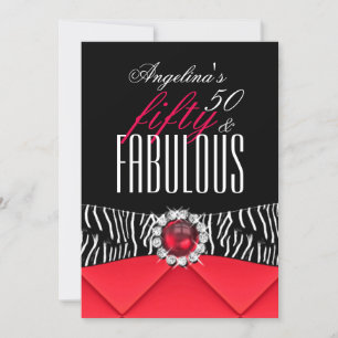 Invitation Fabulous 50 Zèbre Rouge Noir Blanc Fête d'annivers