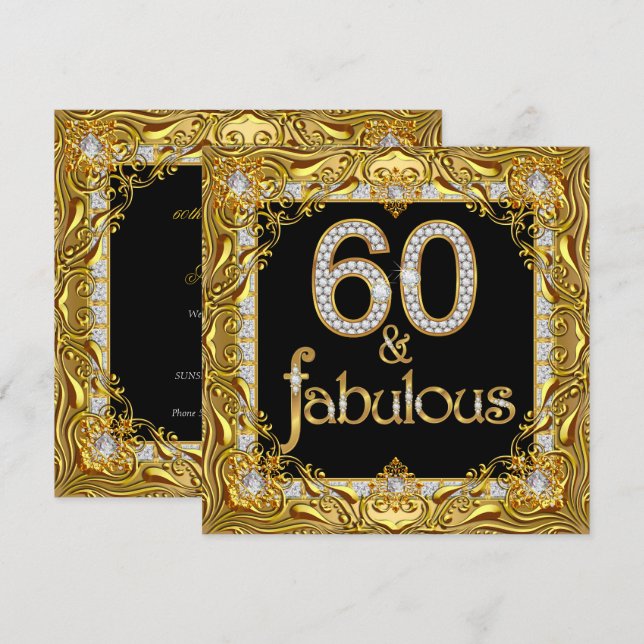 Invitation Fabulous 60 Or Diamant Noir Fête d'anniversaire 60 (Devant / Derrière)