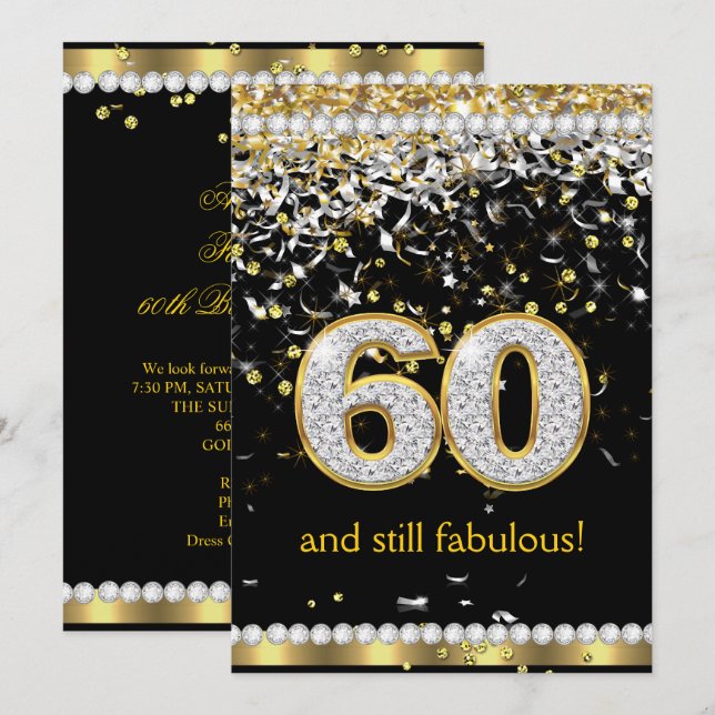 Invitation Fabulous 60 Or Streamers Argent Or 60e Fête (Devant / Derrière)
