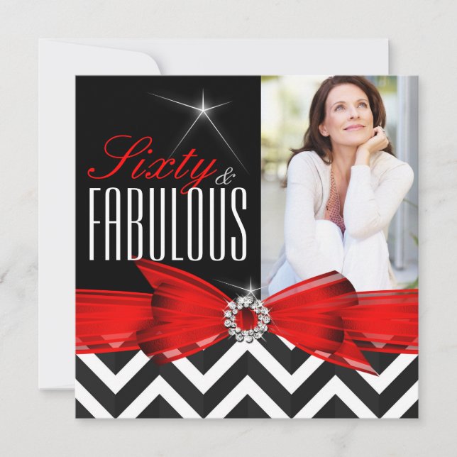 Invitation Fabulous 60 Rouge Chevron Noir Blanc Anniversaire (Devant)