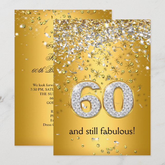 Invitation Fabulous 60 Rubans Dorés Argentés 60e Anniversaire (Devant / Derrière)