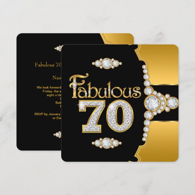 Invitation Fabulous 70 70e Anniversaire Or Noir Diamant (Devant / Derrière)