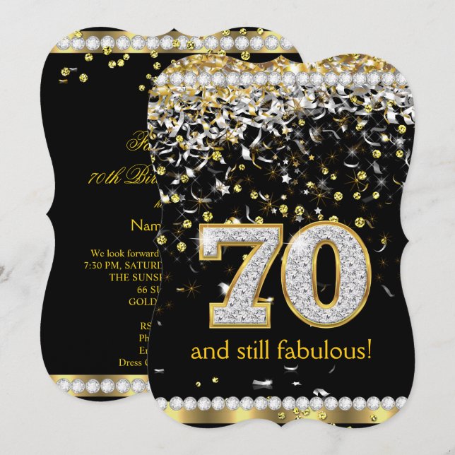 Invitation Fabulous 70 Rubans Dorés Argentés Fête 70 ans (Devant / Derrière)