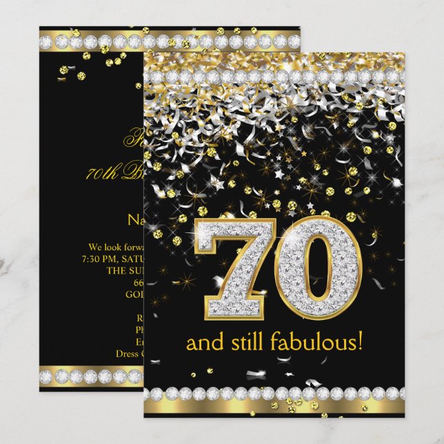 Invitation Fabulous 70 Rubans Dorés Argentés Fête 70 ans (Devant / Derrière)