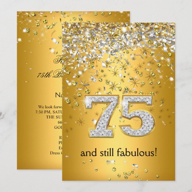 Invitation Fabulous 75 Rubans Dorés Argentés 75e Anniversaire (Devant / Derrière)