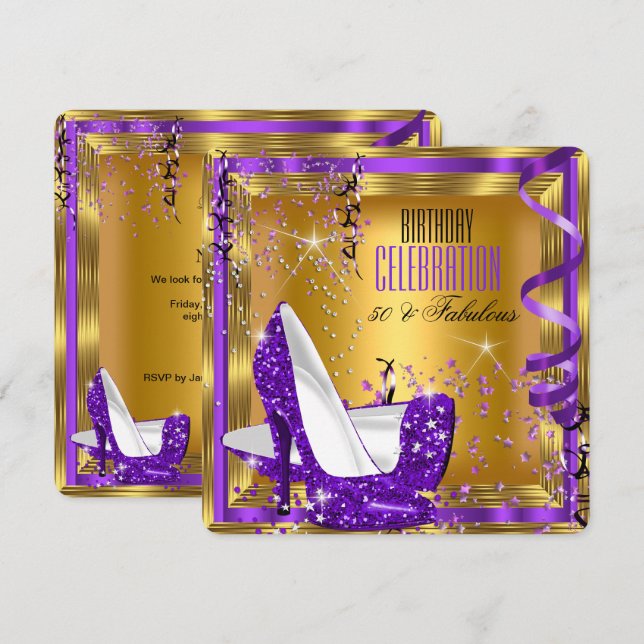 Invitation Fabulous Anniversaire Paillettes Talons Hauts Viol (Devant / Derrière)