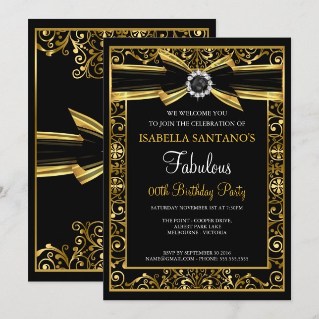 Invitation Fabulous Anniversaire Perle Or Ruban Noir Invitati (Devant / Derrière)