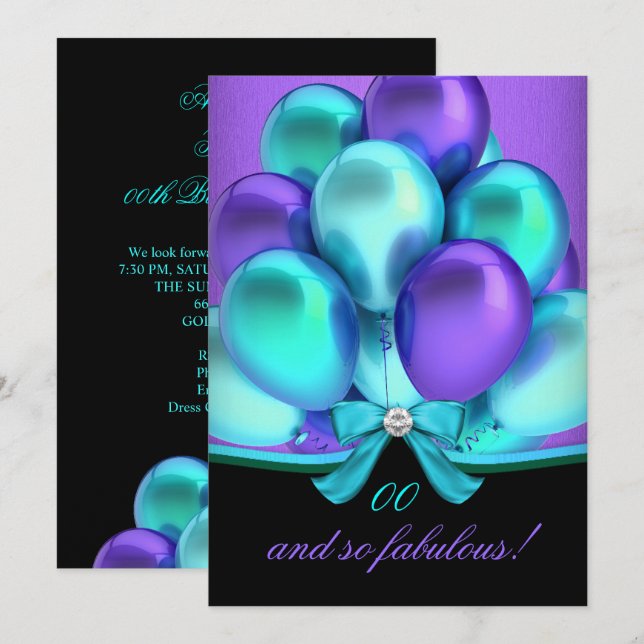 Invitation Fabulous Ballons Violets Sacs Noir Anniversaire (Devant / Derrière)