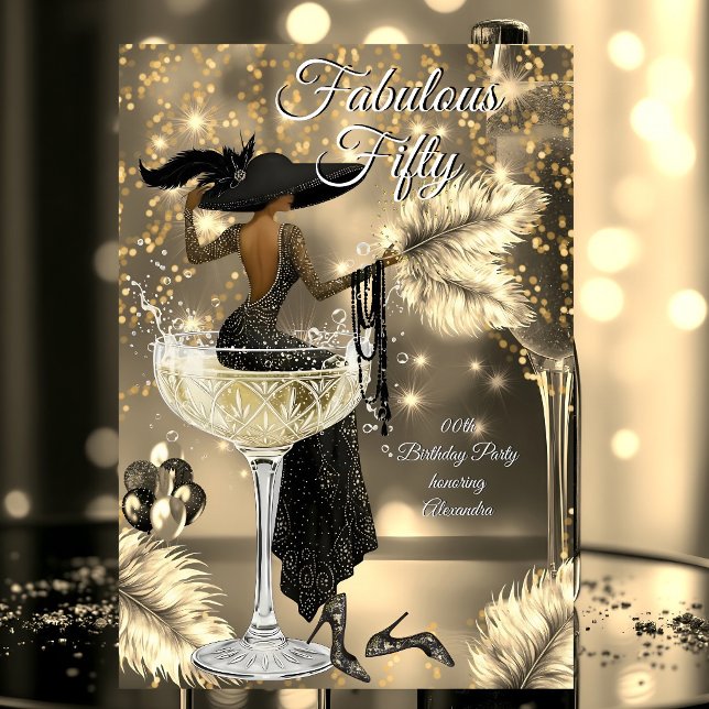 Invitation Fabulous Birthday Black Gold Dress Woman Champagne (Créateur téléchargé)