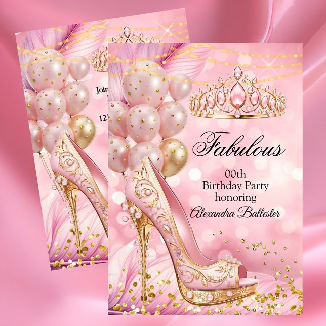 Invitation Fabulous birthday Blush Pink Tiara Gold Heel (Créateur téléchargé)