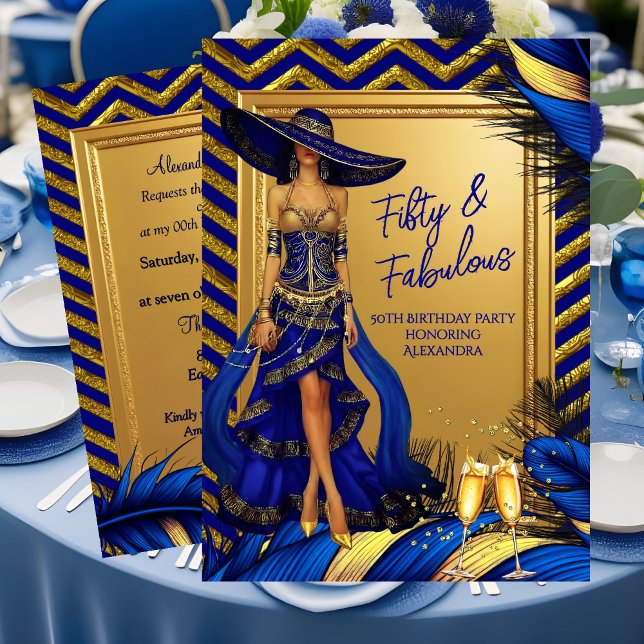 Invitation Fabulous Birthday Glamor Woman Blue Gold Feathers (Créateur téléchargé)