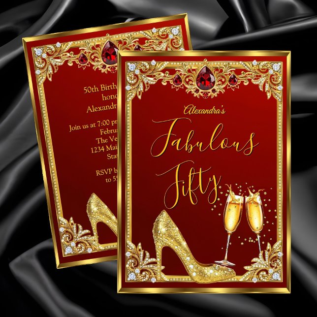 Invitation Fabulous Birthday Red Gold High Heel Champagne (Créateur téléchargé)