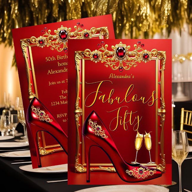 Invitation Fabulous Birthday Red Jewels Heel Champagne Gold (Créateur téléchargé)