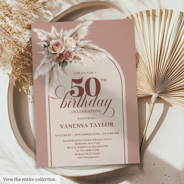 Invitation Fabulous Boho Dusty Pink Pampas Floral 50 Birthday (Fabulous Boho Dusty Pink Pampas Floral 50th Birthday)