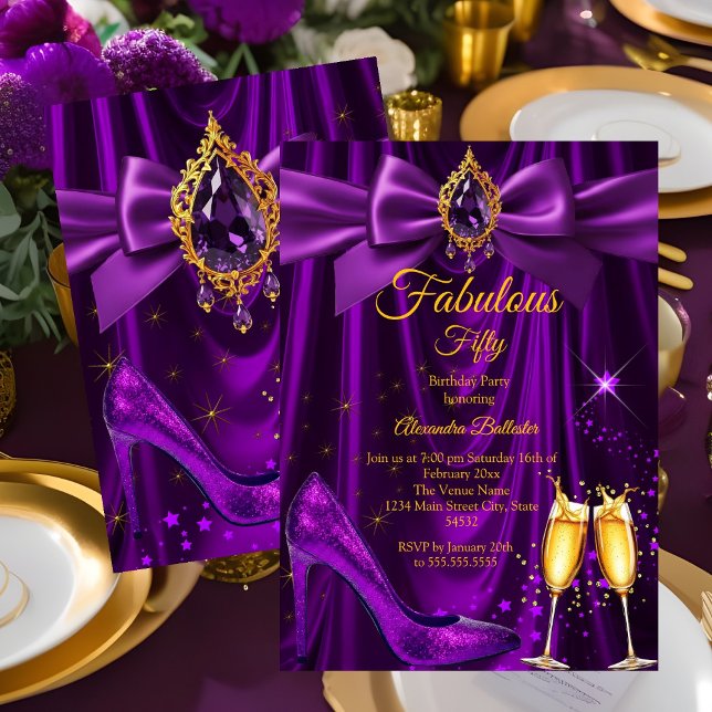 Invitation Fabulous Champagne birthday Purple Gold Heel Gem (Créateur téléchargé)