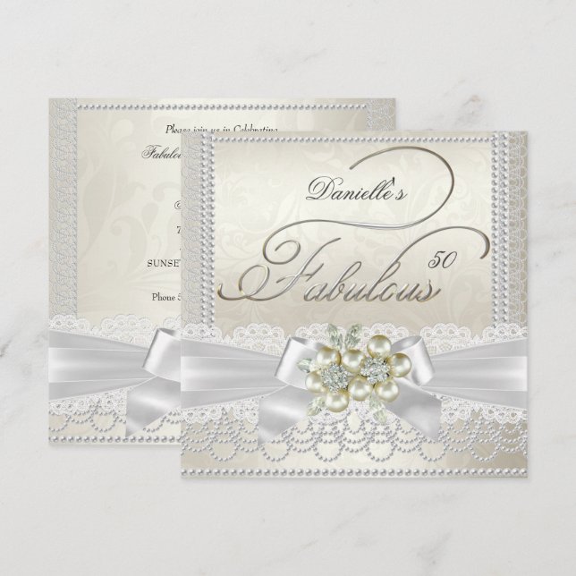 Invitation Fabulous Crème Blanche Perle Lace Damassé Diamant (Devant / Derrière)