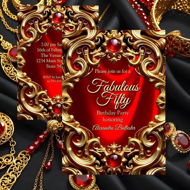 Invitation Fabulous Elegant Birthday Gold Red Silk Gems (Créateur téléchargé)
