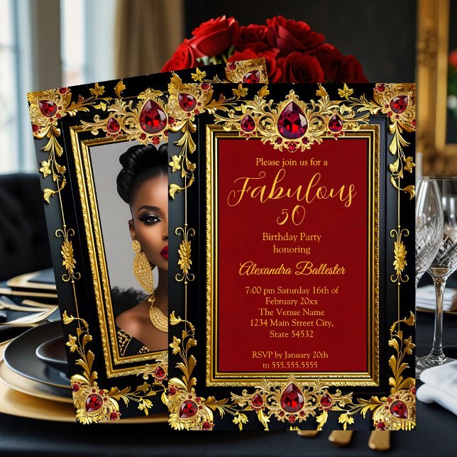 Invitation Fabulous Elegant Birthday Photo Red Gold Black Gem (Créateur téléchargé)
