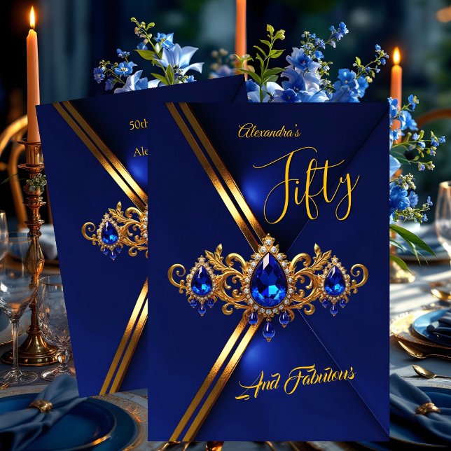 Invitation Fabulous Fifty Birthday Royal Blue Gold Gems (Créateur téléchargé)