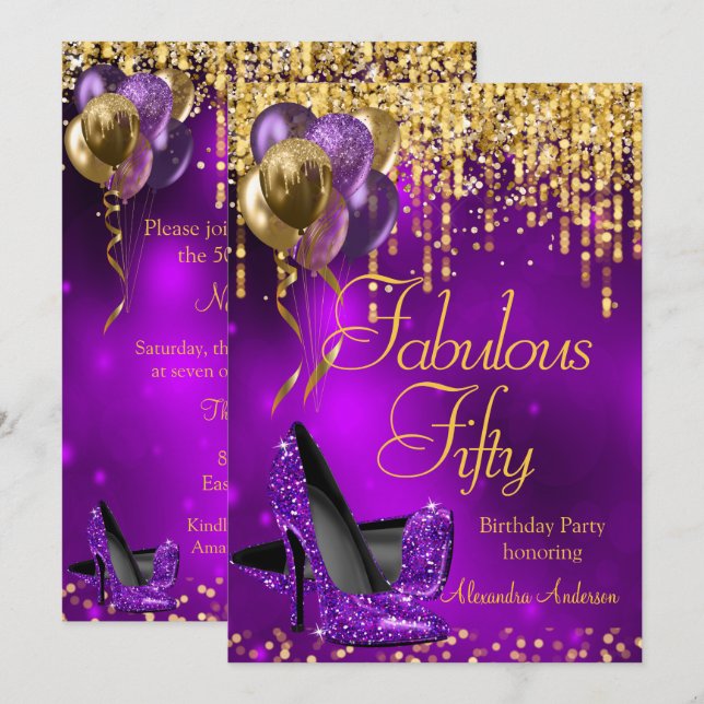 Invitation Fabulous Fifty Fête Talon Haut Violet Paillettes O (Devant / Derrière)