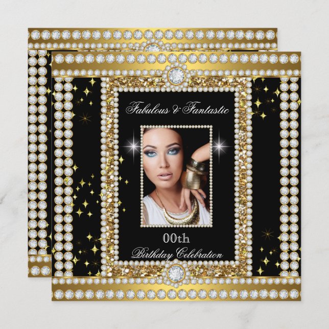 Invitation Fabulous Gold Black Glamor Photo Diamond Party (Devant / Derrière)