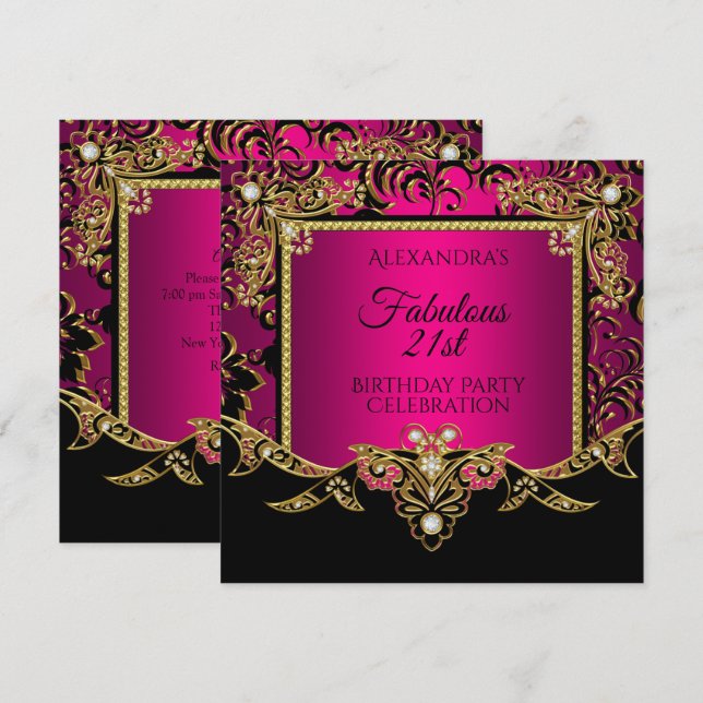 Invitation Fabulous Gold Hot Pink Black 21e fête d'anniversai (Devant / Derrière)