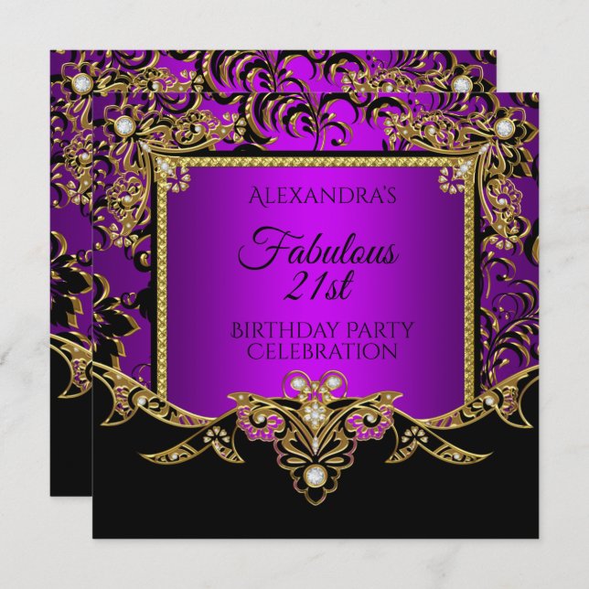 Invitation Fabulous Gold Purple Black 21e fête d'anniversaire (Devant / Derrière)
