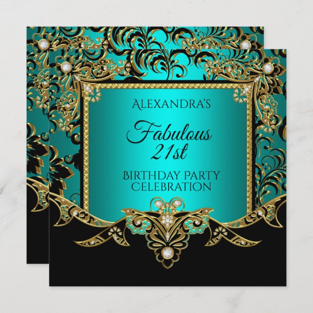 Invitation Fabulous Gold Turquoise BLUE Black 21e fête d'anni (Devant / Derrière)