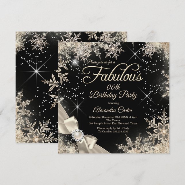 Invitation Fabulous Party Perle Arc Beige Noir Flocon de Neig (Devant / Derrière)