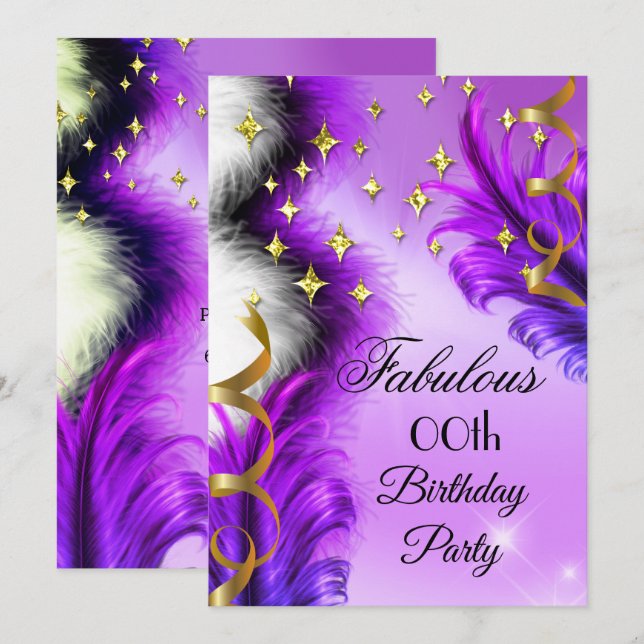 Invitation Fabulous Purple Feathers fête d'anniversaire en or (Devant / Derrière)