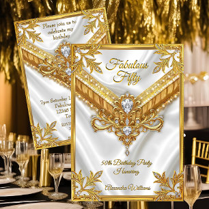 Invitation Fabulous Soie Blanche Or Diamants Fête d'Anniversa
