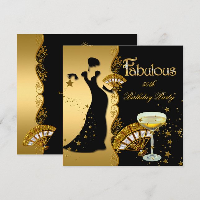 Invitation Fabulouse Dame Déco 50e Anniversaire Or Noir (Devant / Derrière)
