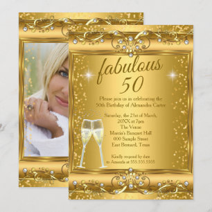 Invitation Fabulueuse 50e Photo étincelle Champagne doré Fête