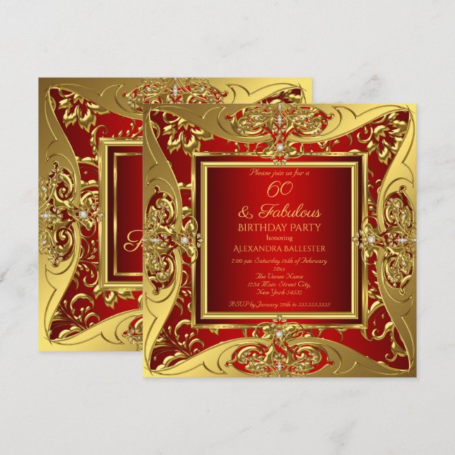 Invitation Fabulueuse fête d'anniversaire 60 ans rouge or flo (Devant / Derrière)