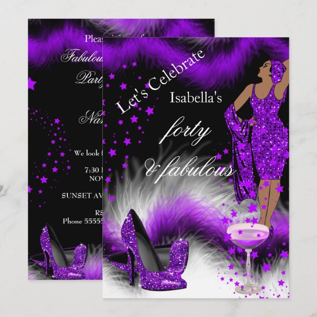 Invitation Fabulueuse fête d'anniversaire Lady Purple Champag (Devant / Derrière)