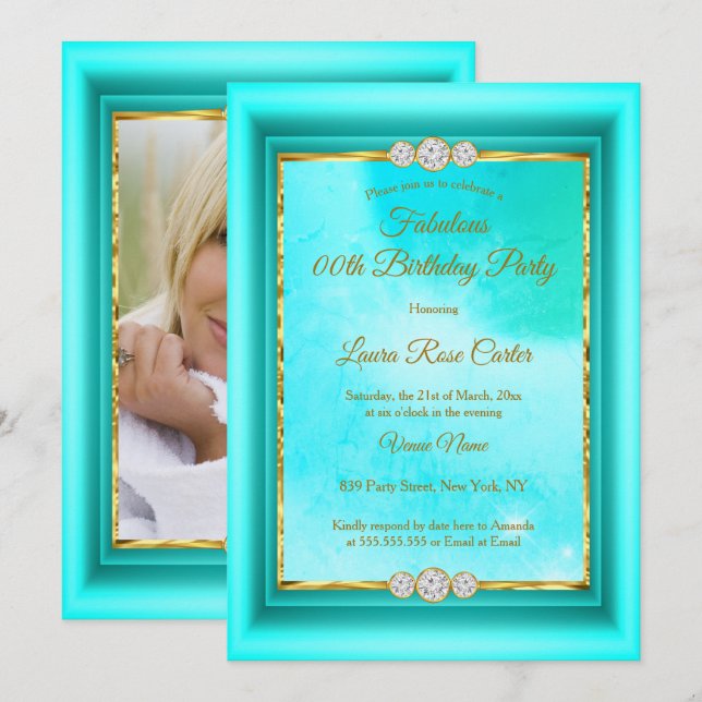Invitation Fabulueuse fête d'anniversaire photo or bleu sarce (Devant / Derrière)